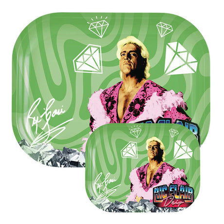 Ric Flair Drip Metal Rolling Tray with Pink Boa and Diamond Graphics, Top View
