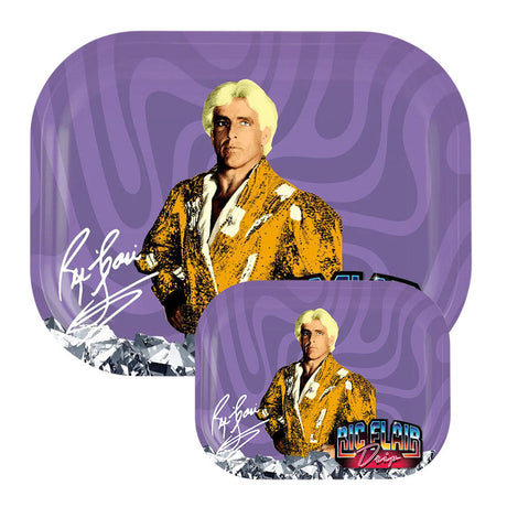 Ric Flair Drip Metal Rolling Tray in Black with Signature, Front View on Purple Background