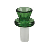 Clear borosilicate glass herb slide with green ring, 14mm joint, front view on white background