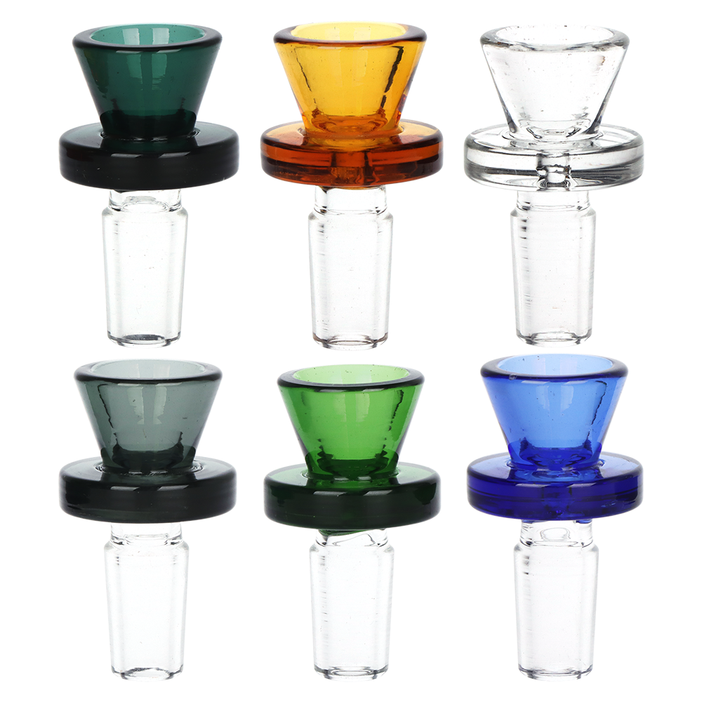 Ringed 14mm male herb slide 6 pack with a funnel style bowl and ring grip in a mixed set of colors