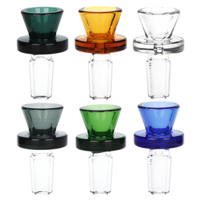 Ringed 14mm male herb slide 6 pack with a funnel style bowl and ring grip in a mixed set of colors