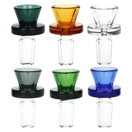 Ringed 14mm male herb slide 6 pack with a funnel style bowl and ring grip in a mixed set of colors