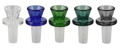 Assorted colors ringed herb slide glass bowl pieces for bongs, front view on white background