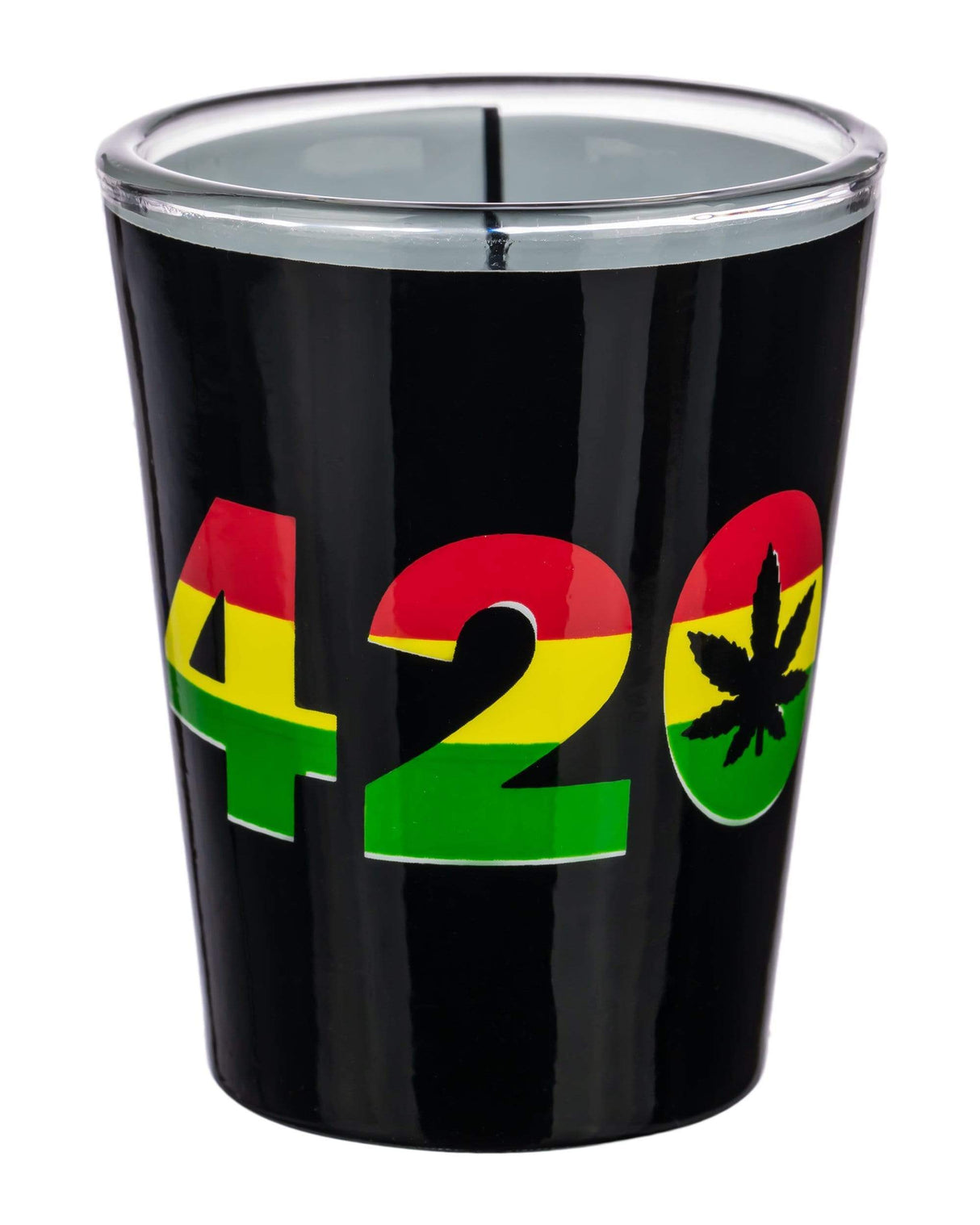 Roast & Toast 420 Ceramic Shot Glass in Black with Rasta-Colored Numbers and Leaf Design