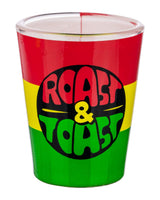 Roast & Toast 420 Ceramic Shot Glass with Rasta Colors Front View
