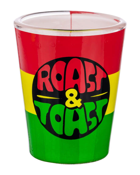 Roast & Toast 420 Ceramic Shot Glass with Rasta Colors Front View