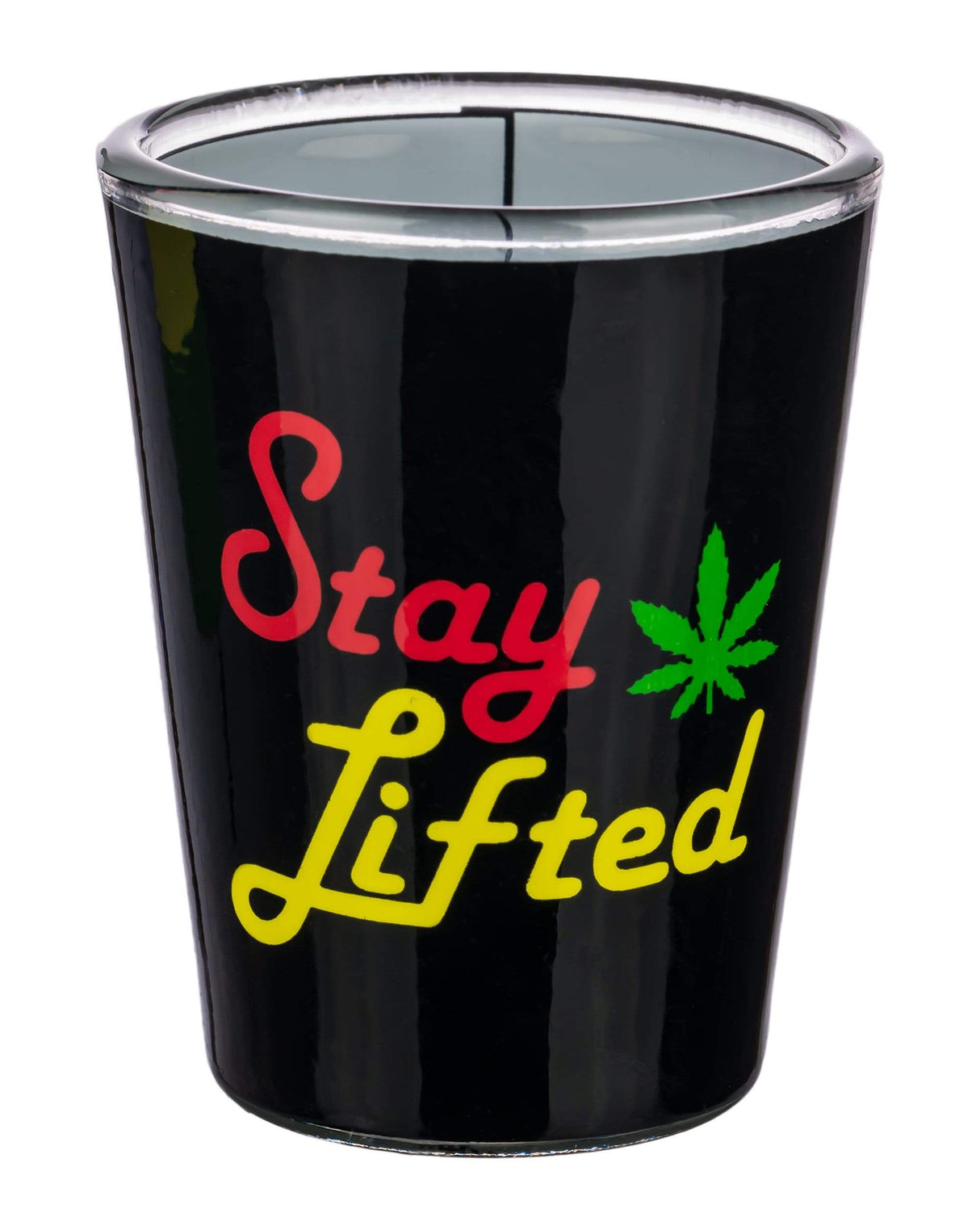 Roast & Toast 420 Shot Glass in black with "Stay Lifted" text and cannabis leaf design