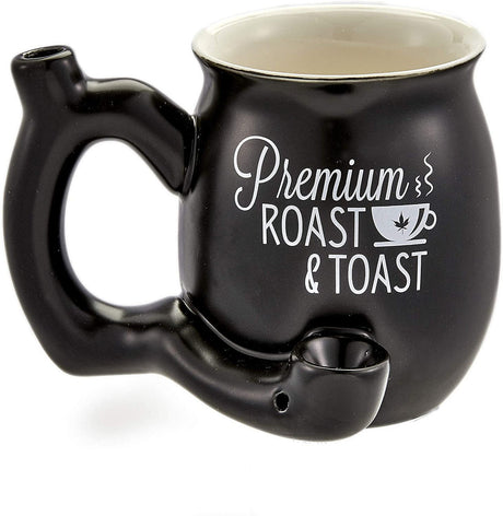 Fashion Craft Roast & Toast Ceramic Mug in Matte Black, Front View with Pipe Handle