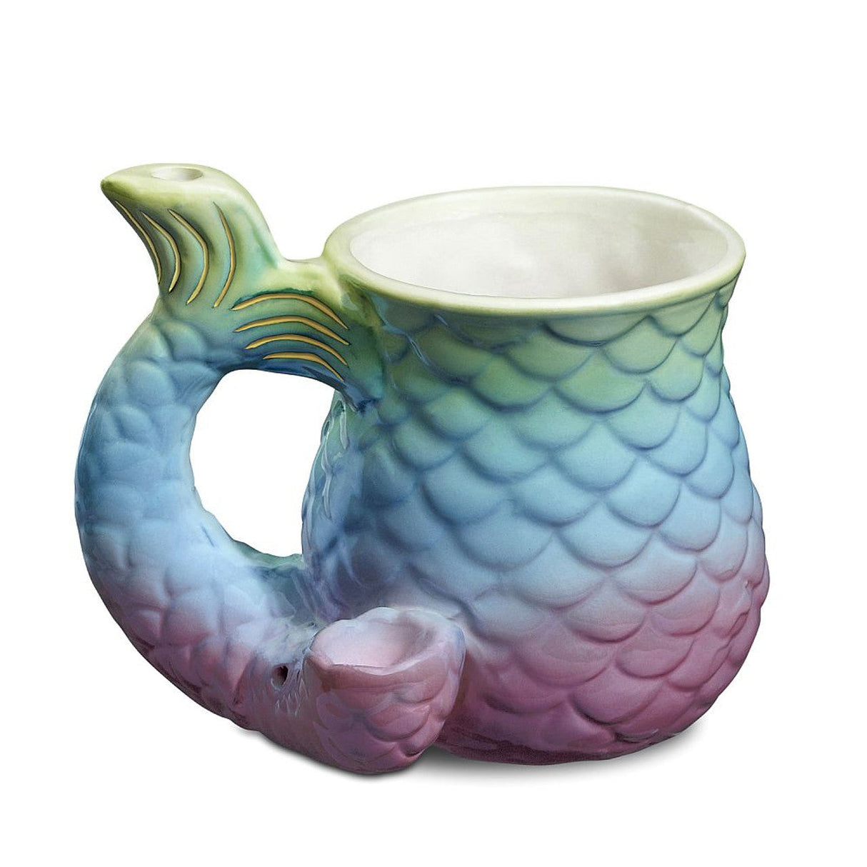 Fashion Craft Roast & Toast Ceramic Mermaid Mug with Pipe, Front View on White Background