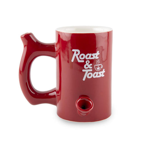 Fashion Craft Roast & Toast Ceramic Mug in Red, Front View with Pipe Feature