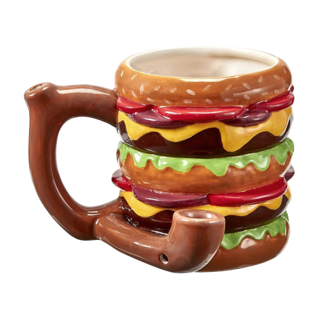 Roast & Toast Ceramic Mug Pipe shaped like a cheeseburger, 18 oz, front view on white background