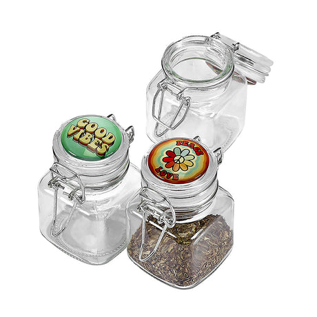 Roast & Toast Hippie Vibes Borosilicate Glass Stash Jars, 1/8oz, Assorted Designs, Angled View