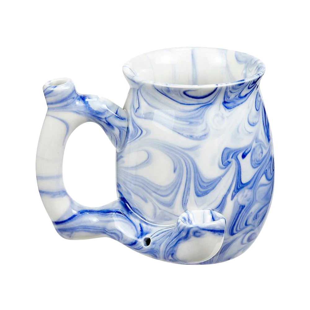 Roast & Toast Marbled Blue Ceramic Pipe Mug front view for dry herbs, 11 oz