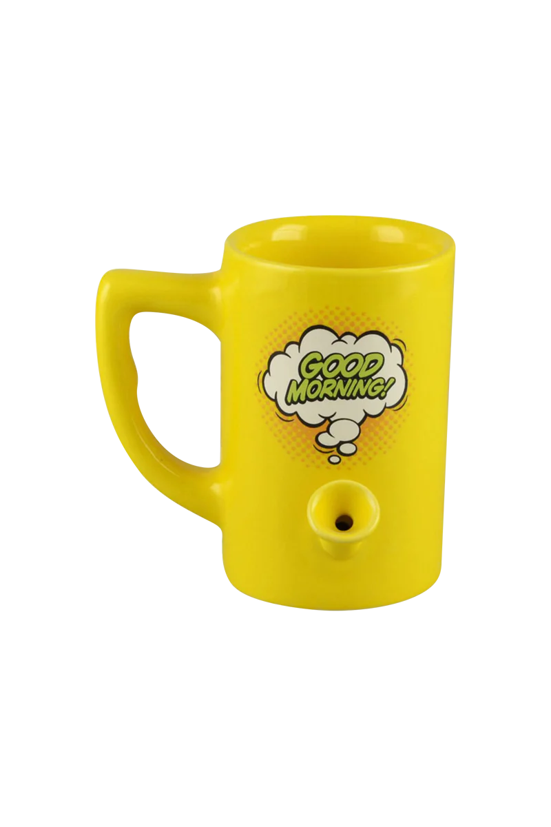 Roast & Toast Ceramic Mug Pipe in Yellow with "Good Morning" text, side view on white background