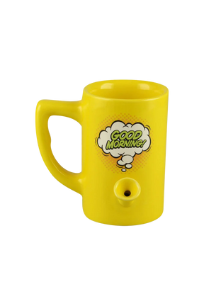 Roast & Toast Ceramic Mug Pipe in Yellow with "Good Morning" text, side view on white background