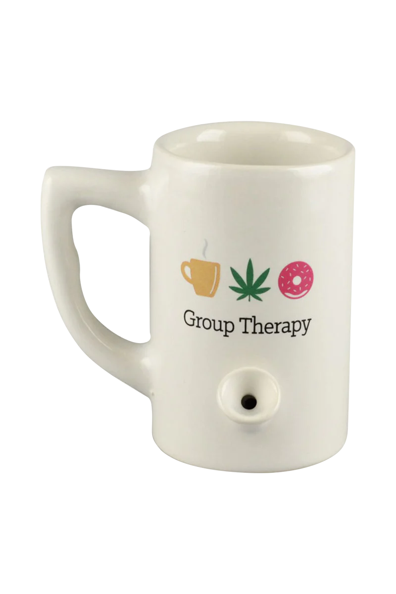 Roast & Toast Ceramic Mug Pipe in White with 'Group Therapy' Print for Dry Herbs - Front View