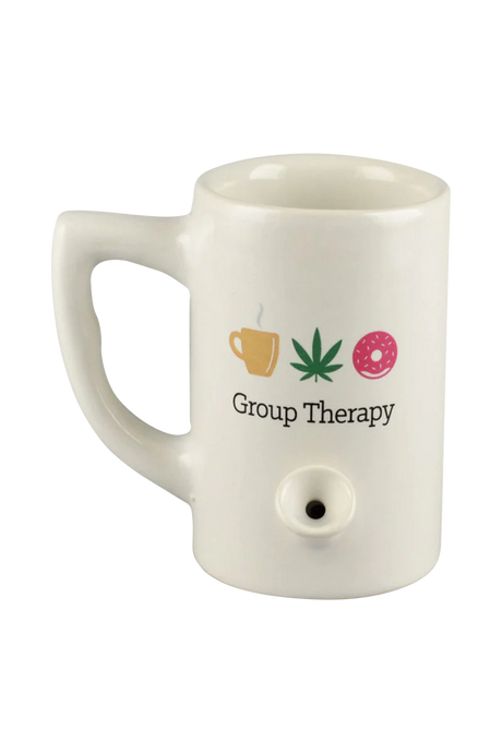 Roast & Toast Ceramic Mug Pipe in White with 'Group Therapy' Print for Dry Herbs - Front View