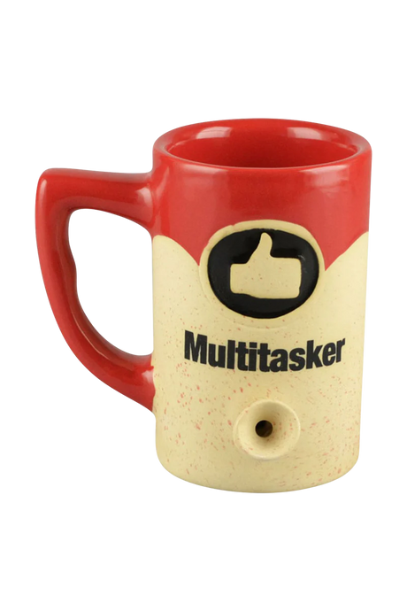 Roast & Toast Ceramic Mug Pipe in Rasta colors, front view with 'Multitasker' text and smoking bowl feature