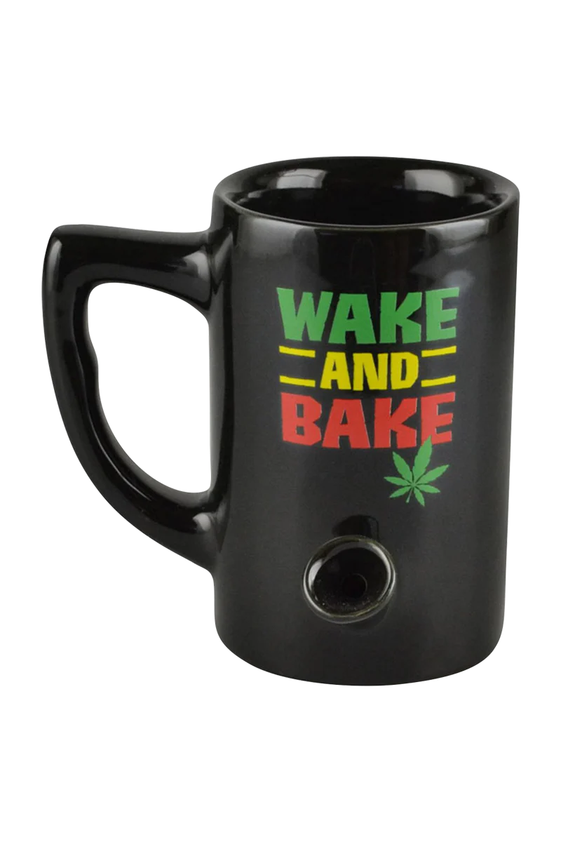 Roast & Toast Ceramic Mug Pipe in Black with Rasta Colors, Wake and Bake Design - Front View