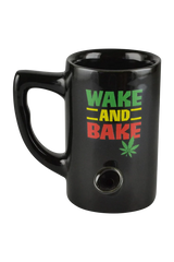 Roast & Toast Ceramic Mug Pipe in Black with Rasta Colors, Wake and Bake Design - Front View