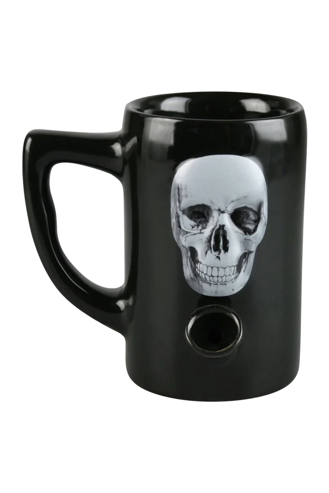 Roast & Toast Ceramic Mug Pipe with Skull Design, Front View - Novelty Wake & Bake Mug