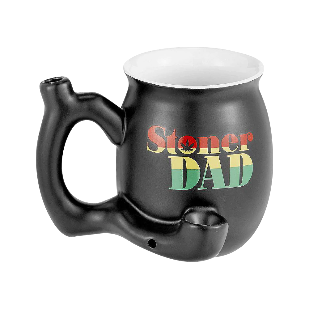 Roast & Toast "Stoner Dad" black ceramic mug pipe with Rasta colors, front view