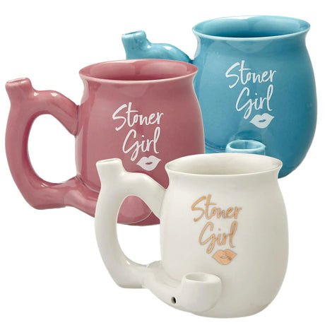 Roast & Toast Stoner Girl Ceramic Mug Pipes in Blue, Red, and White for Dry Herbs