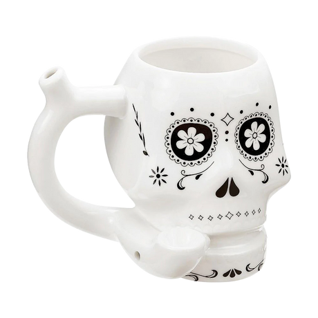 Roast & Toast Ceramic Pipe Mug with Sugar Skull design, 15 oz - Front View on White Background