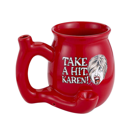 Roast & Toast Ceramic Pipe Mug in Red with 'Take A Hit, Karen!' Design - Front View