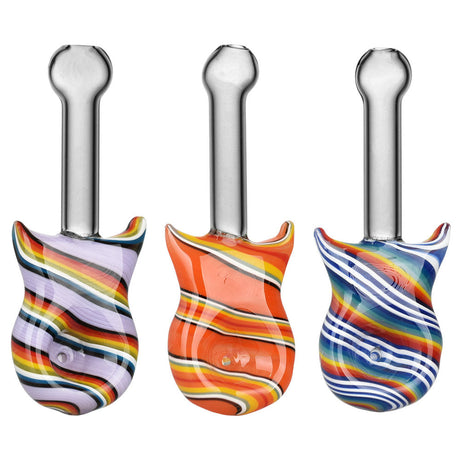 Trio of Guitar Candy Stripe Hand Pipes made of Borosilicate Glass, Front View on White Background