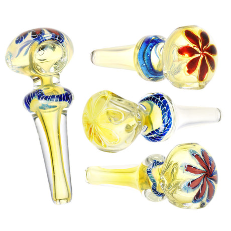 Assorted Rolled Thin Neck Flower Design Hand Pipes in Borosilicate Glass, Multiple Views