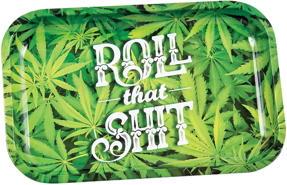 Metal Rolling Tray with Cannabis Leaf Design and 'Roll That Shit' Text - 7.5" x 11.25" Size
