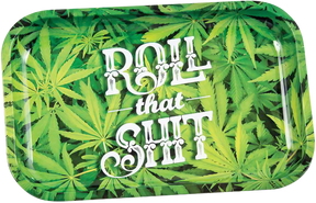 Metal Rolling Tray with Cannabis Leaf Design and 'Roll That Shit' Text - 7.5" x 11.25" Size