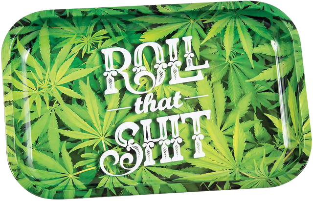 Metal Rolling Tray with Cannabis Leaf Design and 'Roll That Shit' Text - 7.5" x 11.25" Size