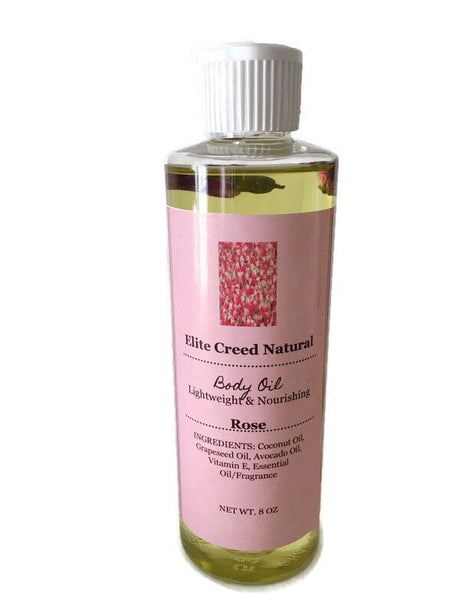 Elite Creed Natural Rose Scented Body Oil, CBD-infused, front view on white background