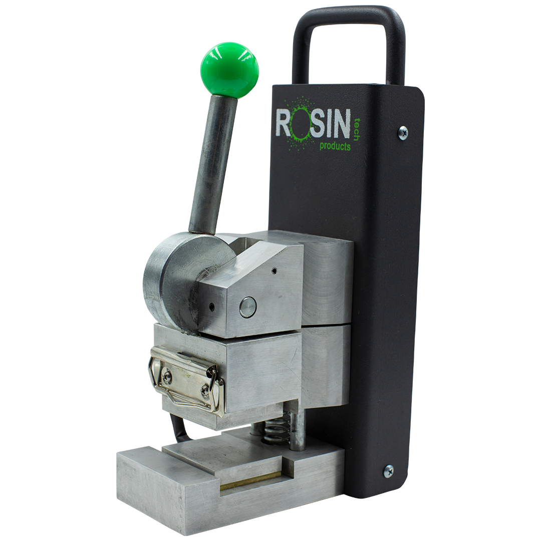 Rosin Tech Go™ compact press in black and silver for dry herbs, plug-in power, side view