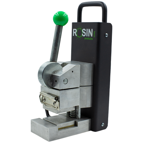 Rosin Tech Go™ compact press in black and silver for dry herbs, plug-in power, side view