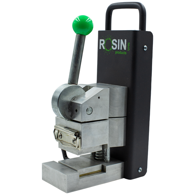 Rosin Tech Go™ compact press in black and silver for dry herbs, plug-in power, side view