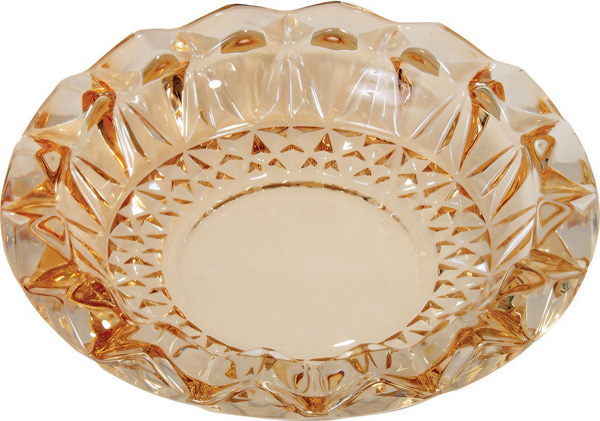 Amber Round Cut Glass Ashtray, 7" Borosilicate, Top View on Seamless White