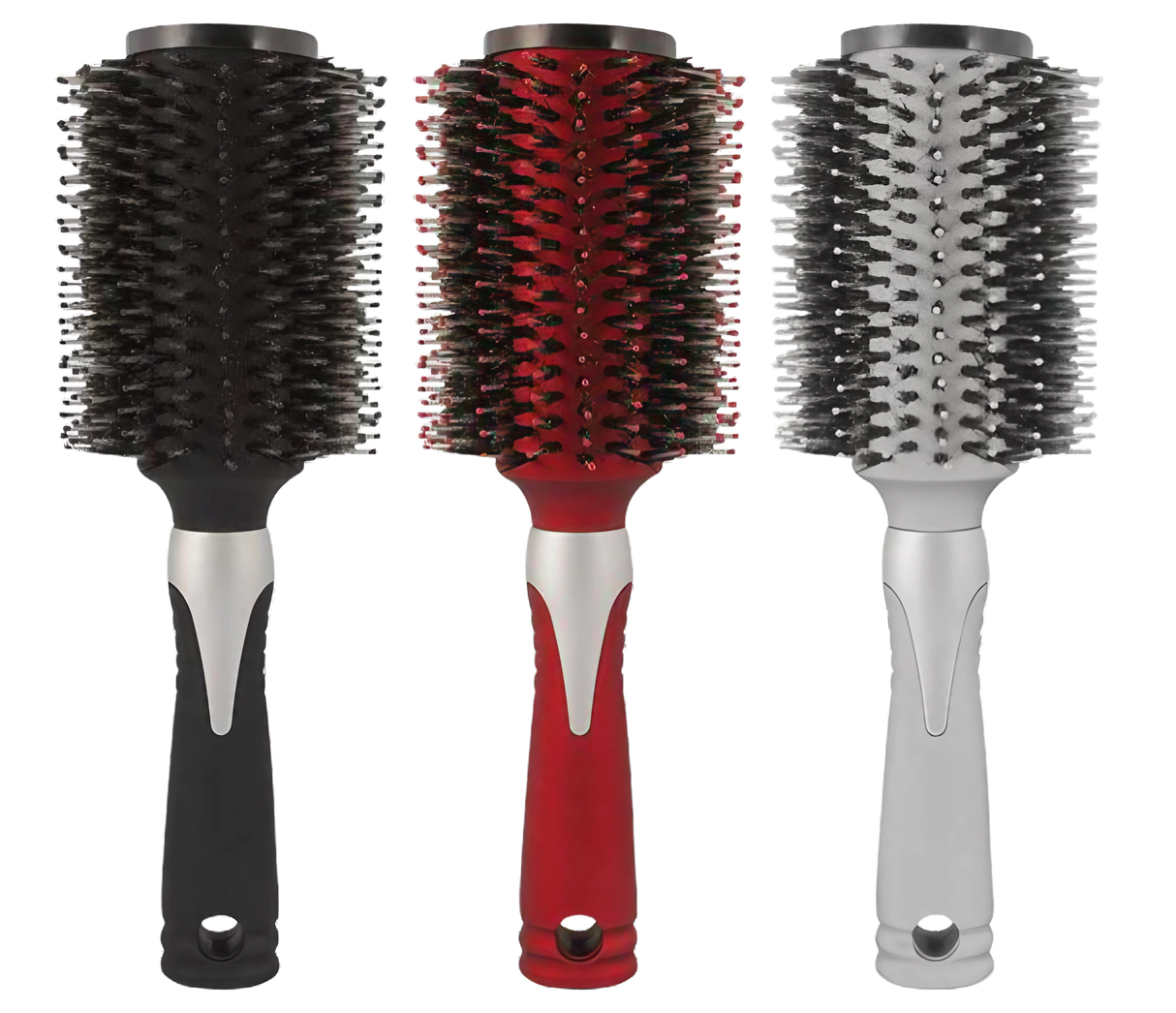 Round Hair Brush Security Containers in black, red, and grey, front view, medium size, USA made