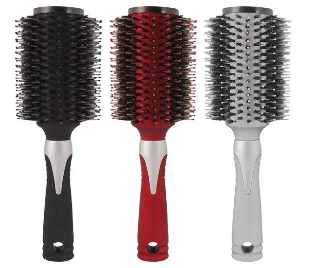 Round Hair Brush Security Containers in black, red, and grey, front view, medium size, USA made