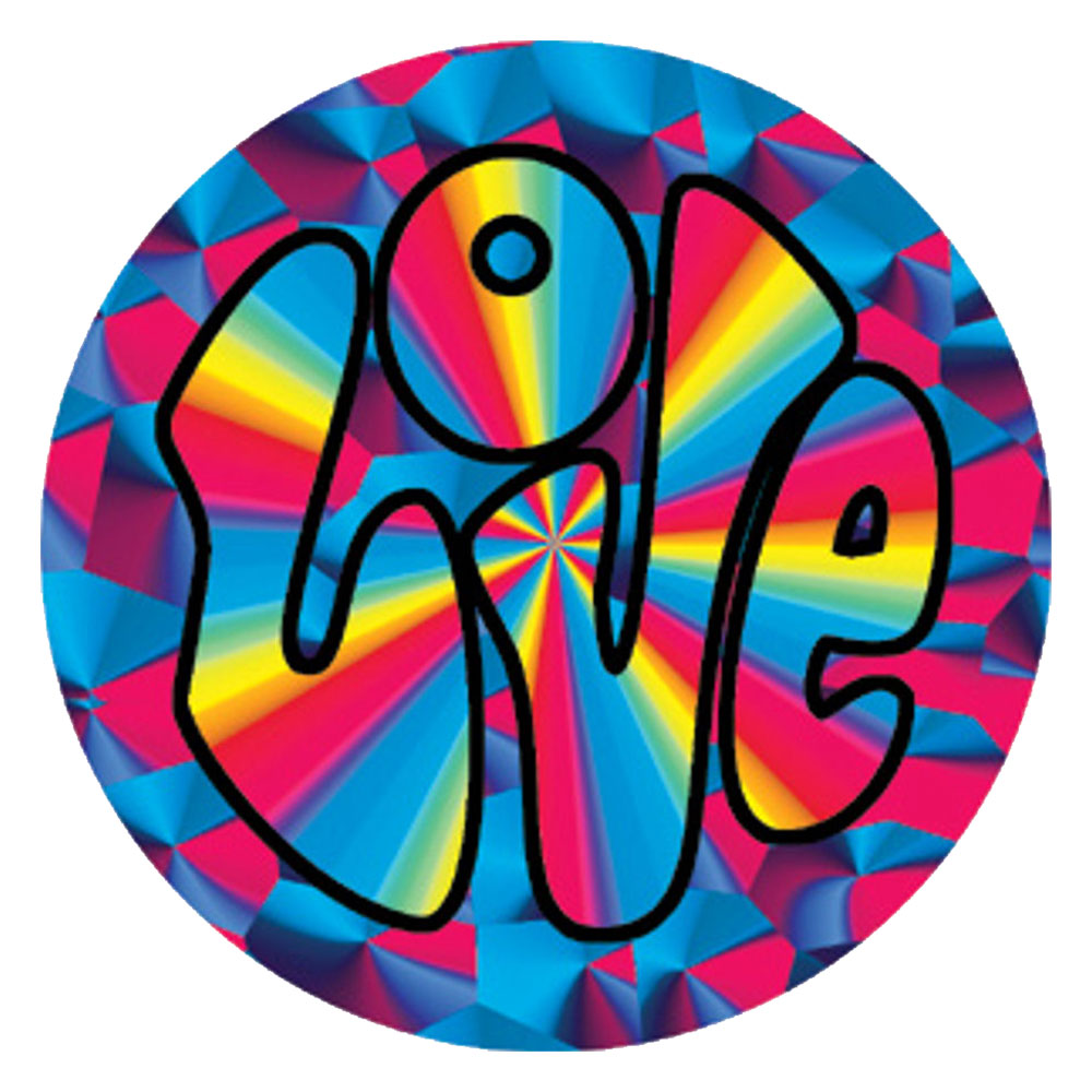 3" Round Psychedelic Love Sticker with vibrant colors and retro design, perfect for novelty gift