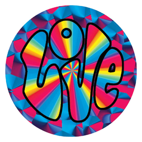 3" Round Psychedelic Love Sticker with vibrant colors and retro design, perfect for novelty gift