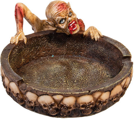Polyresin Round Zombie Ashtray with Detailed Skulls and Zombie Design - Front View