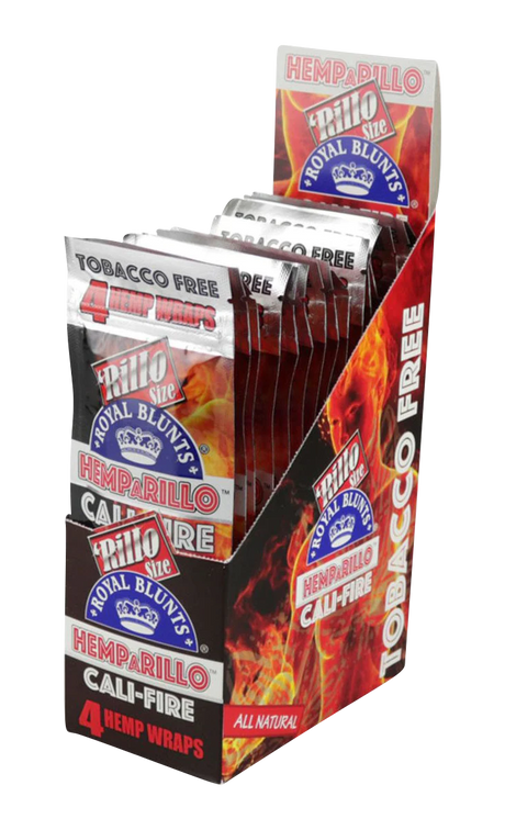 Royal Blunts Hemparillo Hemp Wraps Cali Fire flavor, 15-pack display box, tobacco-free, angled view