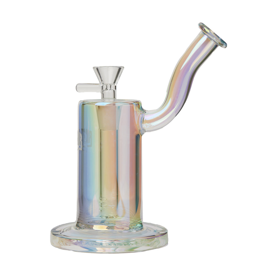 Ric Flair Drip Dab Rig with iridescent borosilicate glass and quartz bucket, angled side view