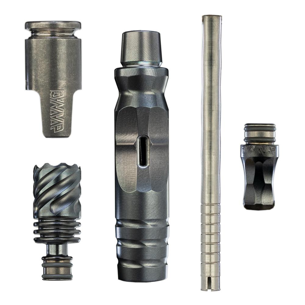 DynaVap HyperDyn parts breakdown showing the Hyper Cap, Hyper Tip, condenser mouthpiece, and stem laid out separately.