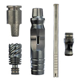 DynaVap HyperDyn parts breakdown showing the Hyper Cap, Hyper Tip, condenser mouthpiece, and stem laid out separately.