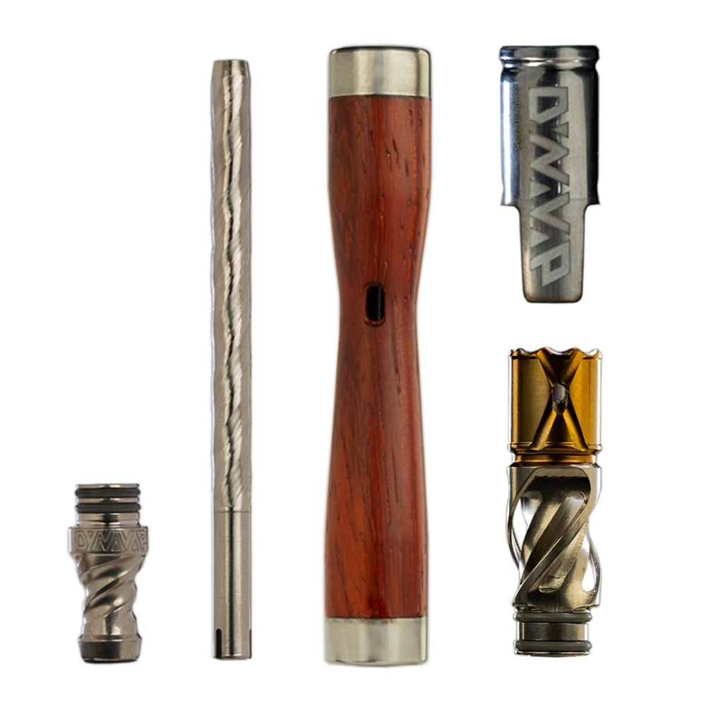 DynaVap WoodWynd Ipe parts breakdown showing the Helix Tip, Captive Cap, condenser mouthpiece, and wood stem separately.