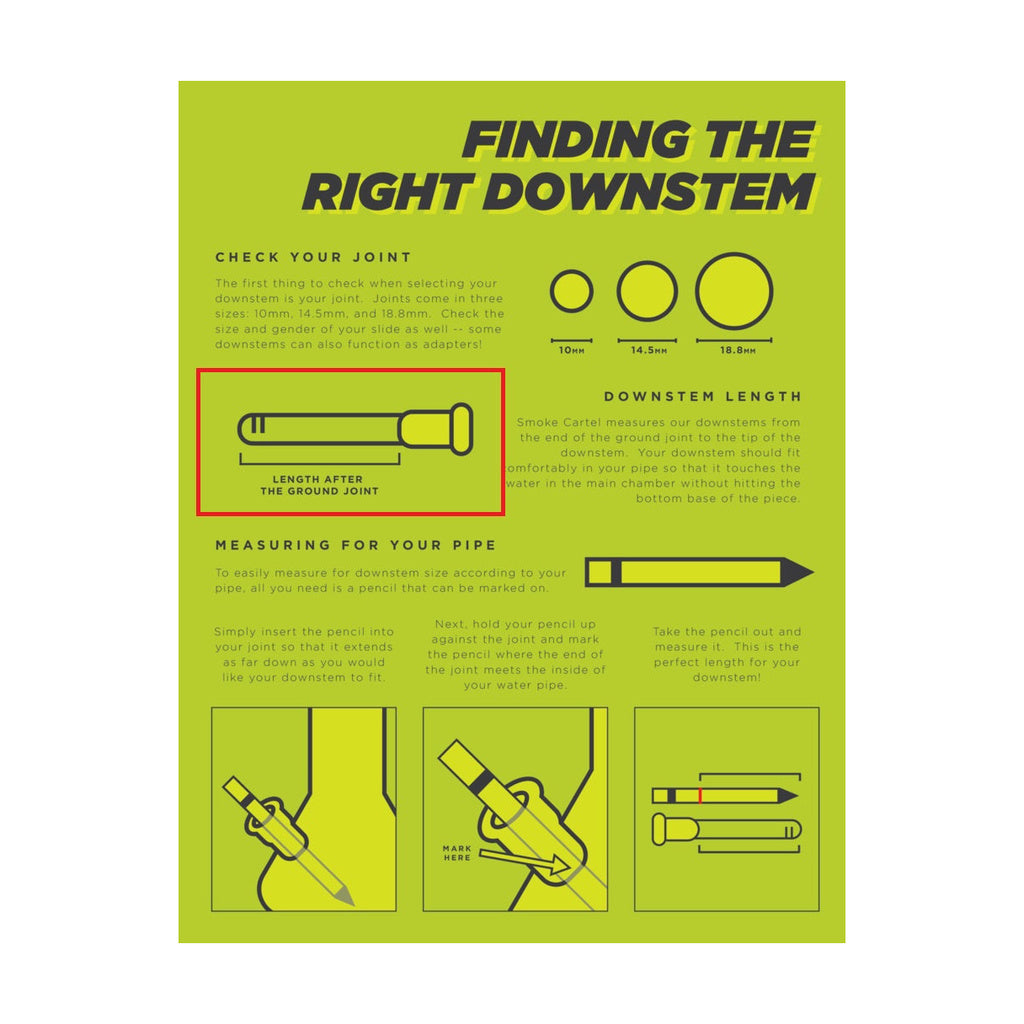 Infographic explaining how to find the right downstem size for bongs, with measurements and diagrams.